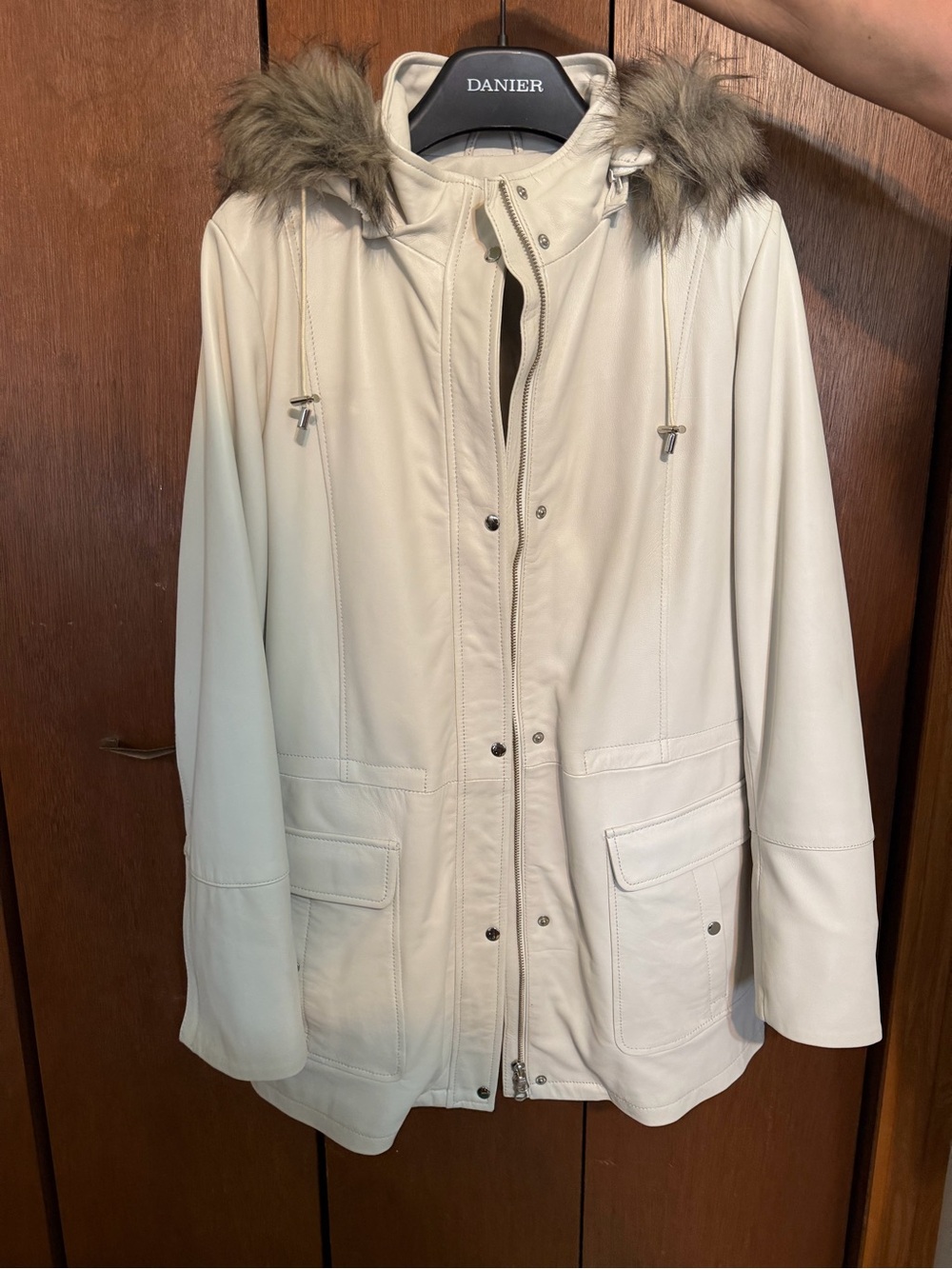 Danier Cream Hooded Leather Trench with Faux Fur Trim and removable liner&hood